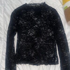 SHEIN Black Floral Lace Long Sleeve Sheer Top